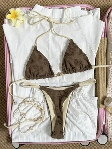 Swim Mod 女款 2026 春夏新款奶油黃提花紋理面料 V 領露背三角比基尼套裝，性感鉚釘褲，甜美海灘度假泳衣 - 卡其色 - 查看 1