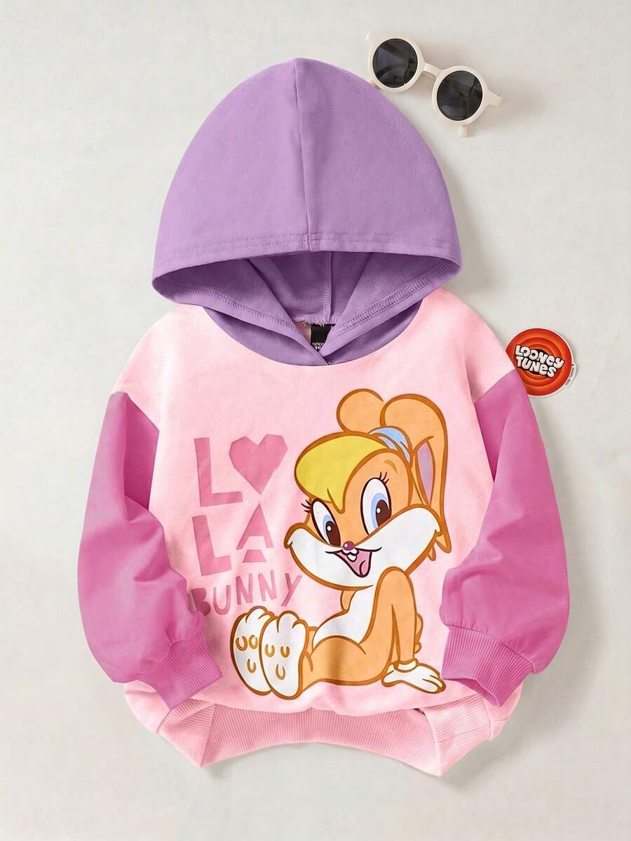 LOONEY TUNES X SHEIN 女婴卡通兔子印花撞色连帽休闲卫衣 - 粉色 - 查看 1