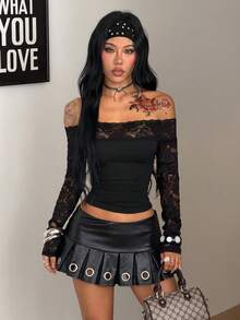 Coolane 女款春季巫女哥德風音樂節十字圖案蕾絲拼接露肩上衣，X 神秘之心 - 黑色 - 查看 3