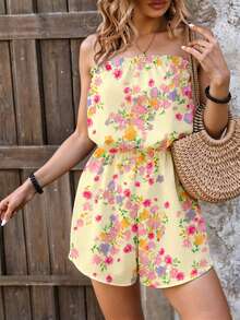 SHEIN Swim 女款夏季新款泳裝海灘度假優雅簡約休閒淡黃色花卉數位印花彈性腰帶式抹胸連身罩衫，女款優雅連身泳裝，女款復活節連身泳裝，女款感恩節連身泳裝，女款花卉連身泳裝，女款淡黃色連身泳裝 - 淡黃色 - 查看 6