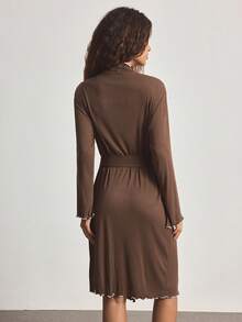 Ocili Comfortable Ribbed Cotton Contrast Color Frill Trim Small Lapel Soft Short Robe, Women Sleepwear Bathrobe - Brown - View 3