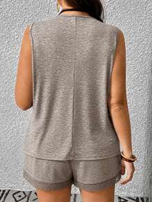 EMERY ROSE Plus Size Women's 2-Piece Set Solid Color Casual Formal Boho V-Neck Water-Soluble Lace Patchwork Sleeveless Knit Tank Top Short Loose Pants Summer - Camel - View 2