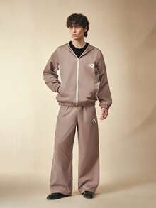 Sonviro Men's Autumn/Winter Hooded Jacket Set, Two-Tone Patchwork, Loose Fit, Zip-Up Front, Letter Print Men's Two Pieces Set Men's Co Ord Set Men Two Pieces Set Men's 2 Pieces Outfits Men's Jogging Set - Khaki - View 1