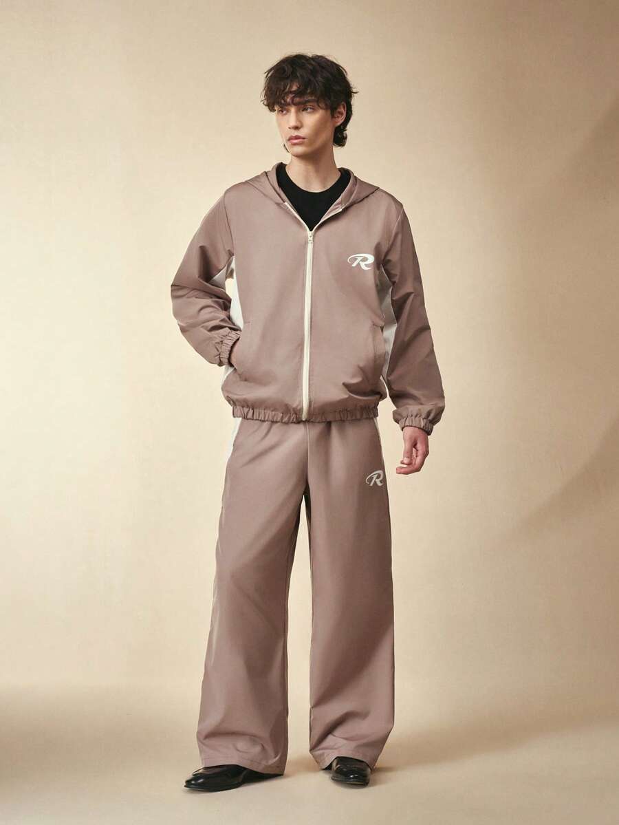 Sonviro Men's Autumn/Winter Hooded Jacket Set, Two-Tone Patchwork, Loose Fit, Zip-Up Front, Letter Print Men's Two Pieces Set Men's Co Ord Set Men Two Pieces Set Men's 2 Pieces Outfits Men's Jogging Set - Khaki - View 1