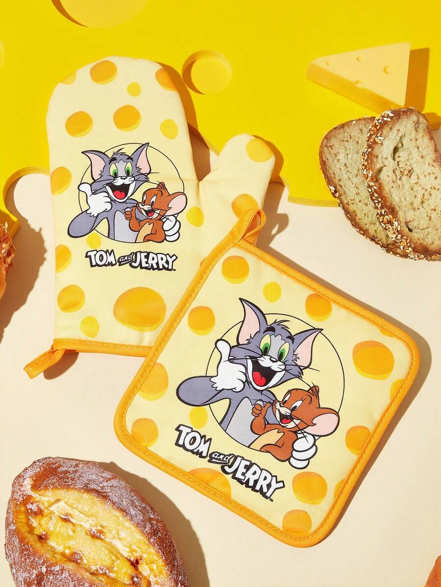 TOM & JERRY X SHEIN 1/2 PC Cute Cartoon Print Kitchen Insulation Set, Oven Gloves/Insulation Mat, A Must For Kitchen Baking, Effectively Isolating Heat Sources, Single/Combination - View 1