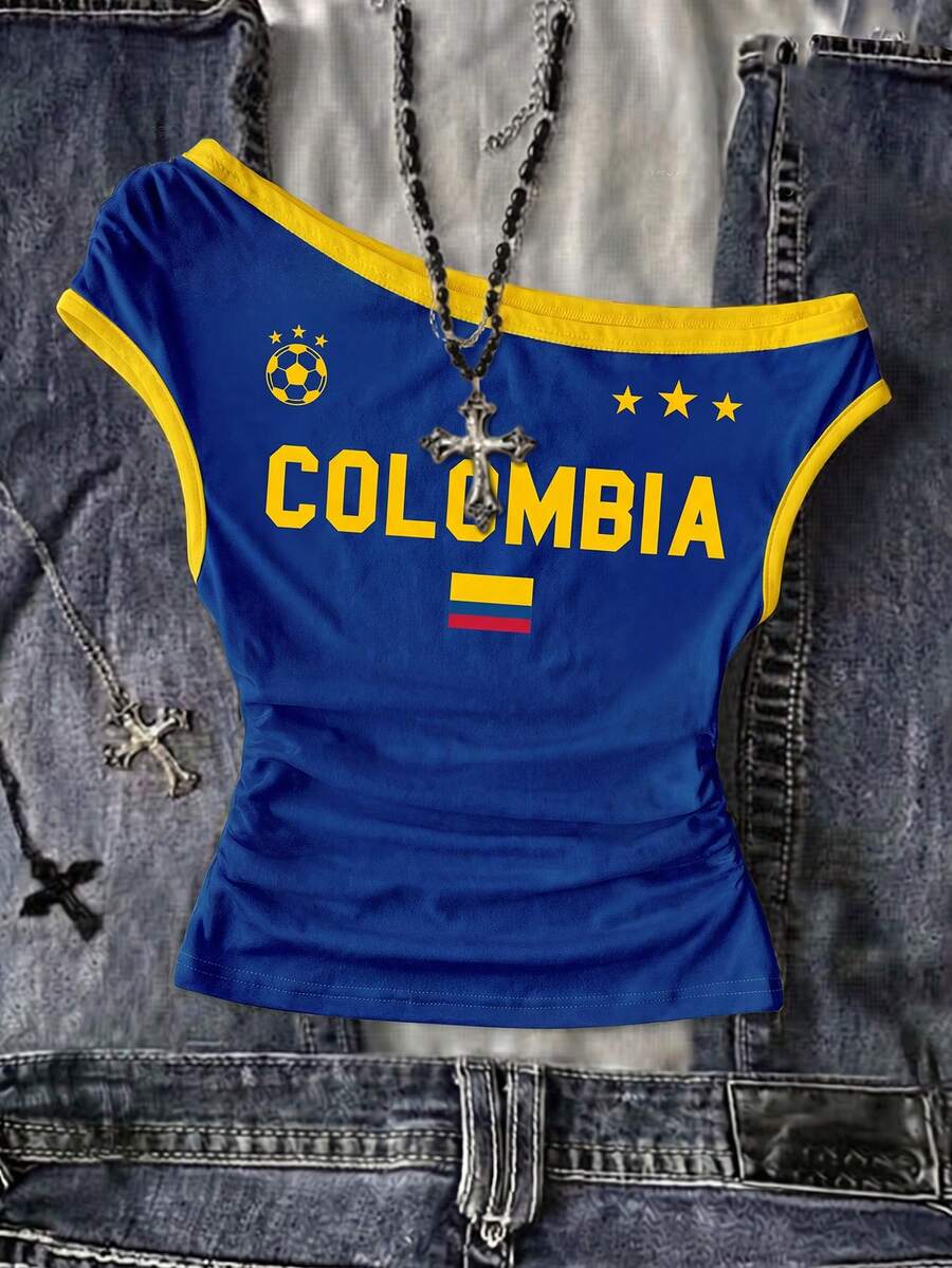 Attitoon Crop Top Wanita Model Jersey dengan Detail Kerut Satu Bahu dan Motif Bendera Kolombia, Gaya Jersey, Streetwear, Cocok untuk Hari Pertandingan - MultiWarna - View 1