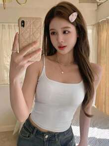 DAZY 女款波點韓式純色細肩帶背心上衣 夏季 - 白色 - 查看 5