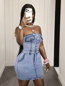 Slaydiva Robe en jean décontractée pour femme pour sorties - Bleu azur - Voir 5