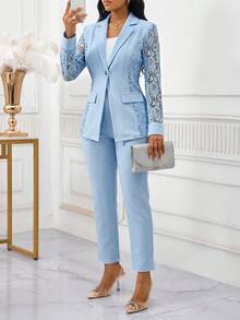 SHEIN Lady 女款白色與藍色對比蕾絲套裝，四季通用秋冬穿搭 - 藍色 - 查看 6