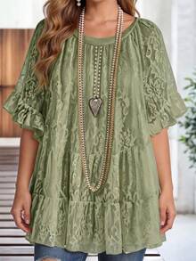 Rusticease Plus Size Women's Green Lace Large Scoop Neck Ruffle Sleeve Fashion Top - Green - View 3