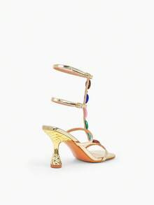 Glitzique Sexy & Fashionable Gold Color High Heel Square-Toe Sandals Jewel-Decorated Roman Sandals With Kitten Heels,Spring Summer Outfits - Gold - View 8