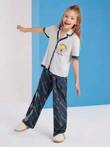 LOONEY TUNES X SHEIN Tween Girl Cartoon Tweety Print Cozy Casual Button Up Top & Plaid Pants 2 Pieces Loungewear Pajamas Set - Olive Green - View 4