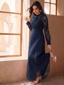 Anewsta Robe maxi élégante style cour mode avec décoration de perles et perles, col montant petit, manches longues légèrement transparentes, robe chemise pour femmes, printemps, été, festival, remise des diplômes, élégante, tenue de la Saint-Valentin - Bleu marine - Voir 4