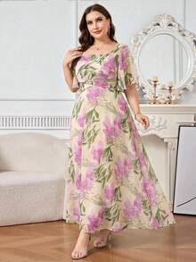 Reflora Plus Size Women's Floral Print Square Neck Ruffle Short Sleeve Elegant Dress - Multicolor - View 5