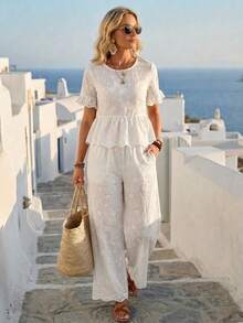EMERY ROSE Women's Vacation Hollow Embroidery Ruffle Hem Shirt And Pants Casual 2 Pieces Set - White - View 6