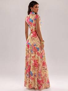 SHEIN BAE Women's Floral Print Hollow Out Design Side Slit Hem Sexy Cap Sleeve Dress - Yellow - View 2
