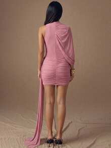 SHEIN BAE Summer Solid Dusty Pink Off-Shoulder Ruched Bodycon Flounce Decor Elegant Sexy Mini Dress Wedding Night Out Guest Formal Occasion Event Party - Baby Pink - View 2