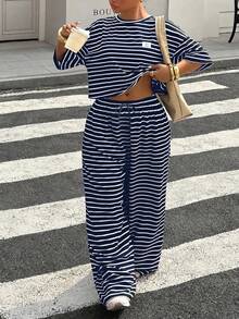 Muchica Navy Blue Plus Size 2pcs Set: Round Neck Short Sleeve Top And Pants - Navy Blue - View 4
