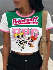 THE POWERPUFF GIRLS X SHEIN 圆领短袖紧身短款撞色饰边领夏季休闲卡通可爱趣味运动芭蕾舞风格复古花朵、泡泡、毛茛图案全覆盖紧身女式T恤 - 白色 - 查看 3