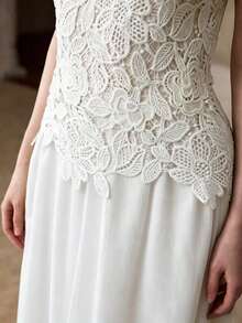 MOTF PREMIUM WOMEN'S ELEGANT CONTRAST GUIPURE LACE SLEEVELESS WAIST-CINCHING LONG DRESS - White - View 4