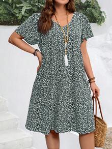 EMERY ROSE Vestido de vacaciones de verano con mangas con volantes y estampado floral pequeño para mujer de talla grande - Verde Oscuro - Ver 4