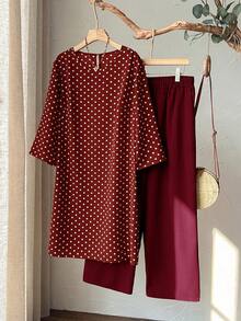 Rusticease 2pc Set Plus Size Women's Summer/Fall Casual Wine Red Polka Dot Round Neck 3/4 Sleeve Side Slit Long Top And Wide Leg Pants Set With Pockets,Autumn - Burgundy - View 9
