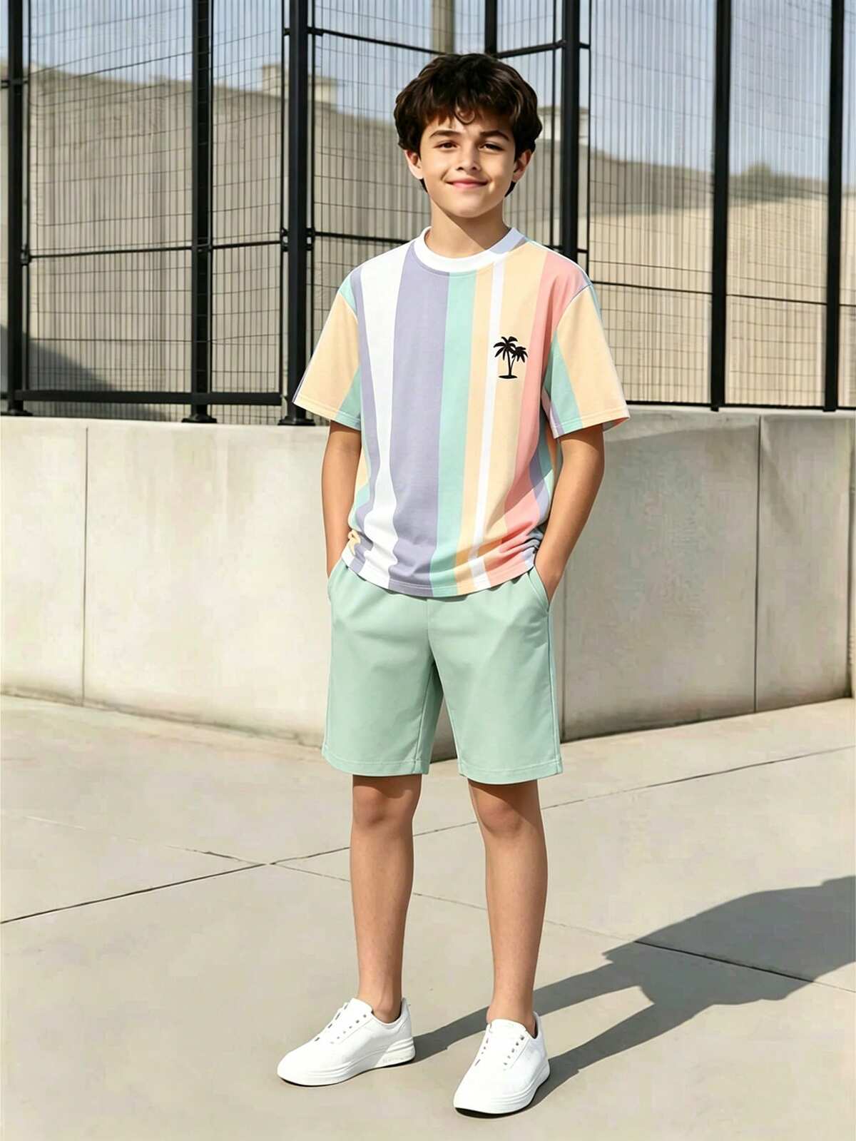 Vacaura Ensemble T-shirt & Short pour Adolescents Garçons, Top Printemps/Été avec Imprimé Palmier, Style Tropical, Short de Couleur Assortie, Tenue de Sport Extérieur Décontractée et Polyvalente