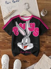 LOONEY TUNES X SHEIN Tween Girls' Casual Rabbit Print & Striped Patchwork Round Neck Short Sleeve T-Shirt, Summer - White - View 8
