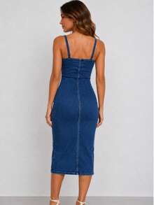 Demin Dress Tieves And Front Buttons - Dark Wash - View 4