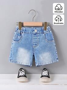 SHEIN 男童牛仔短褲，夏季新品，淺藍色水洗休閒復古，彈性腰帶，經典百搭，時尚休閒單品，優質棉質牛仔面料，適合上學、日常出遊、戶外活動、度假 - 淺色水洗藍 - 查看 1