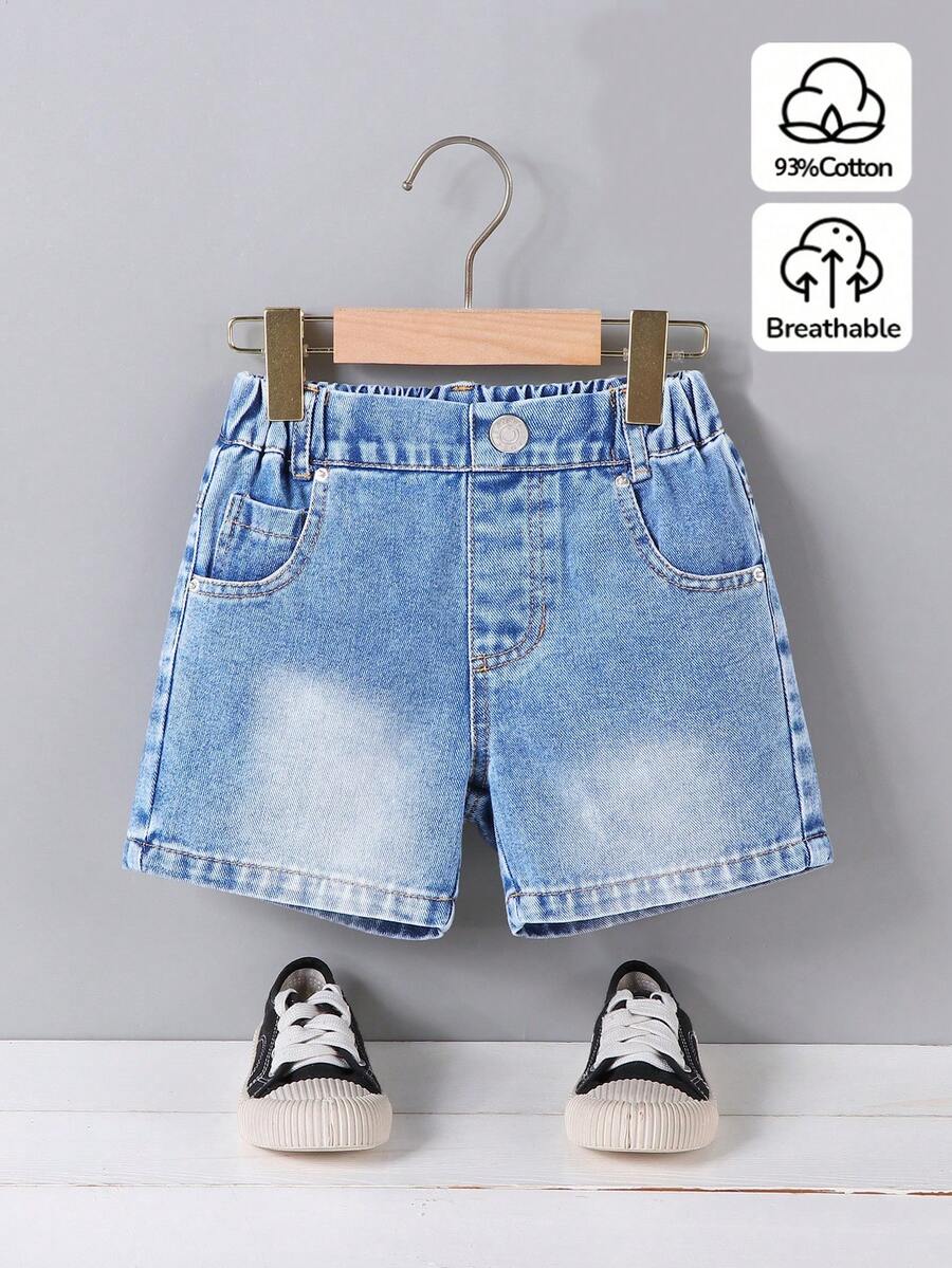 SHEIN 男童牛仔短褲,夏季新品,淺藍色水洗休閒復古,彈性腰帶,經典百搭,時尚休閒單品,優質棉質牛仔面料,適合上學、日常出遊、戶外活動、度假 - 淺色水洗藍 - 查看 1