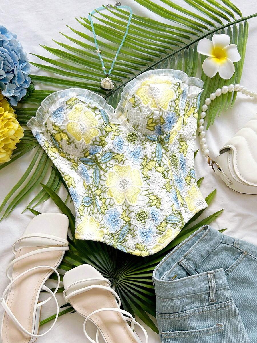 Soleia Women's Floral Embroidered Pattern Fitted Versatile Daily Vacation Outing Top White And Blue Floral Summer Sexy - Multicolor - View 1