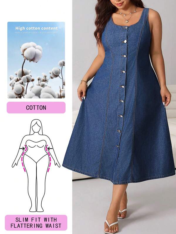 Solflare Gaun Denim Tanpa Lengan Model A-Line dengan Tali Lebar untuk Wanita Ukuran Plus di Musim Panas