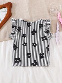 SHEIN Camiseta de manga corta con estampado floral a rayas negras y blancas para niñas & tela con rayas verticales texturizadas & diseño de manga campana & top infantil estilo coreano dulce & uso diario de verano amigable con la piel & diseño de nicho ropa infantil suave y linda - Blanco y Negro - Ver 2