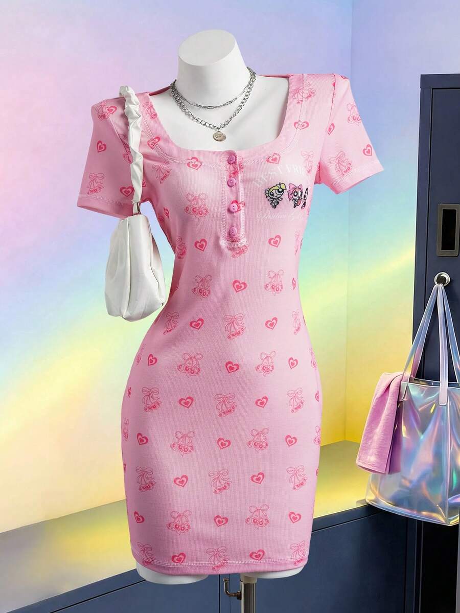 THE POWERPUFF GIRLS X SHEIN Women Short Dress For Daily Wear - Baby Pink - View 1