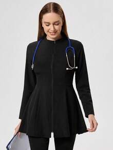 TaskEZ 1 pieza Chaqueta de uniforme de enfermería con cierre de cremallera y dobladillo acampanado de un solo color - Negro - Ver 5