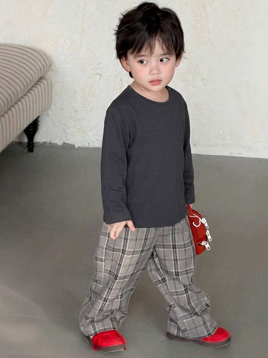 DAZY 嬰兒/幼兒(男童)圓領素色休閒T恤與格紋長褲2件組 - 灰色 - 查看 1