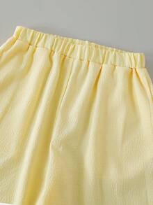 SHEIN 女童淺黃色紋理兩件套，3/4袖開襟外套搭配同款面料寬腿長褲，溫柔韓風大童女裝，適合春季/秋季日常、外出、上學穿著，小眾設計休閒大童女裝 - 黃色 - 查看 7