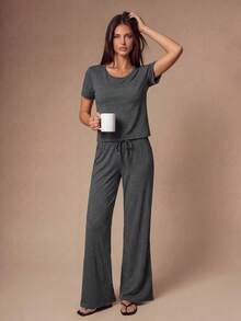 Lazeform Spring/Summer Women's Pajama Set, Simple & Comfortable Rayon, Exquisite Lace Waist Decoration, Suitable For Loungewear - Dark Grey - View 6