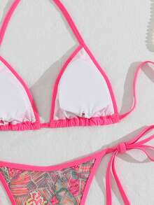 Costavie Swim Vcay 2件組 春夏度假亮片紋理面料掛脖三角比基尼上衣與側綁比基尼泳褲 性感女款泳裝套裝 - 玫紅色 - 查看 4