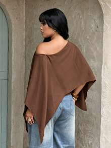 Rustia Plus Size Women's Solid Color Spring/Summer Asymmetric Shoulder Cape Style T-Shirt - Coffee Brown - View 2
