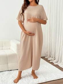Slowluna Maternity Round Neck Solid Color Casual Daily Wear Maternity Dress Loungewear Pajama Nightgown Robe  - Apricot - View 4