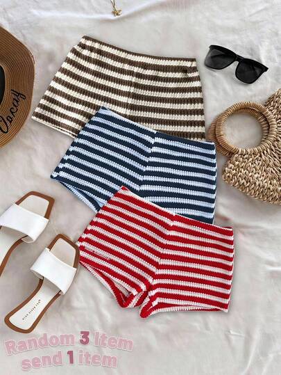 Girls Casual All-Match Versatile Daily Home Wear Folded Double Waistband Striped Knit Fitted Shorts