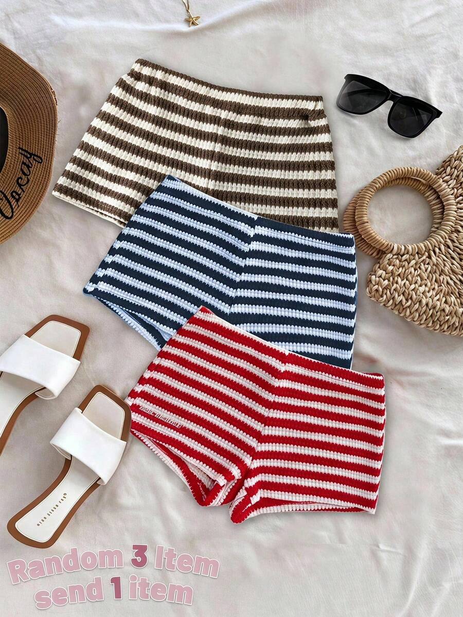 Girls Casual All-Match Versatile Daily Home Wear Folded Double Waistband Striped Knit Fitted Shorts - Brown - View 1