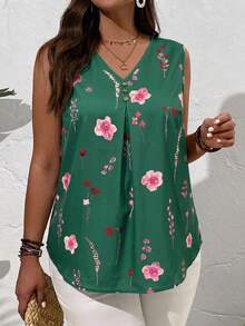 EMERY ROSE Plus Size Summer Countryside V-Neck Floral Printed Summer Sleeveless Blouse, Casual - Green - View 5