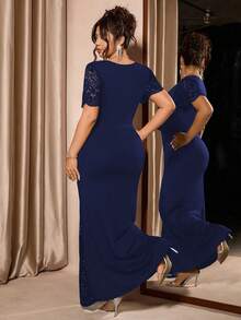 Cravure Plus Size Women's Solid Color Square Neck Contrast Lace Short Sleeve Fitted Elegant Dress - Navy Blue - View 2