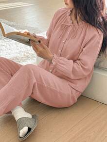 DAZY Sweet Fresh Light Blue All Cotton Gathered Ruffle Design Loose 2pcs Women's Pajama Set - Baby Pink - View 7