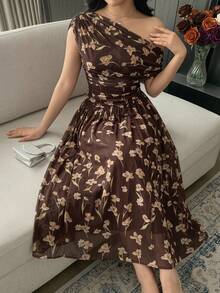 Feyla Plus Size Women's Floral Print Asymmetrical Shoulder Elegant Dress - Multicolor - View 6