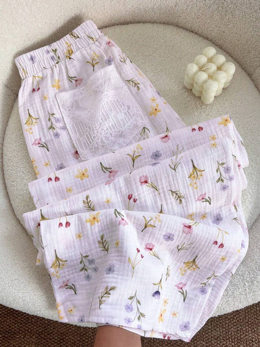 GlowEve 女款白色休閒蕾絲拼接印花寬腿褲,夏季風格 - 淡紫色 - 查看 1