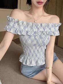 Joudiya 女款夏季花卉植物印花蝴蝶結露肩休閒度假婚禮宴會優雅荷葉邊上衣 - 藍色 - 查看 3